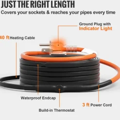 VEVOR Self-Regulating Pipe Heating Cable, 40FT 5W/FT Heat Tape for Pipes Freeze Protection, Water Pipe Heat Cable with Built-in Thermostat Protects PVC Hose, Metal and Plastic Pipe from Freezing