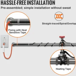 VEVOR Self-Regulating Pipe Heating Cable, 40FT 5W/FT Heat Tape for Pipes Freeze Protection, Water Pipe Heat Cable with Built-in Thermostat Protects PVC Hose, Metal and Plastic Pipe from Freezing