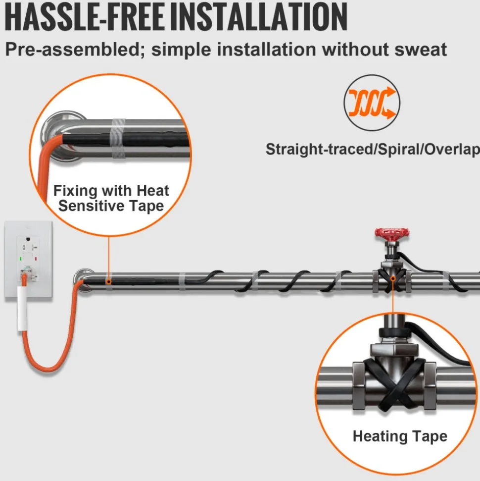 VEVOR Self-Regulating Pipe Heating Cable, 40FT 5W/FT Heat Tape for Pipes Freeze Protection, Water Pipe Heat Cable with Built-in Thermostat Protects PVC Hose, Metal and Plastic Pipe from Freezing