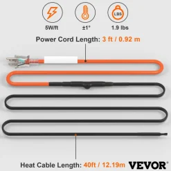 VEVOR Self-Regulating Pipe Heating Cable, 40FT 5W/FT Heat Tape for Pipes Freeze Protection, Water Pipe Heat Cable with Built-in Thermostat Protects PVC Hose, Metal and Plastic Pipe from Freezing