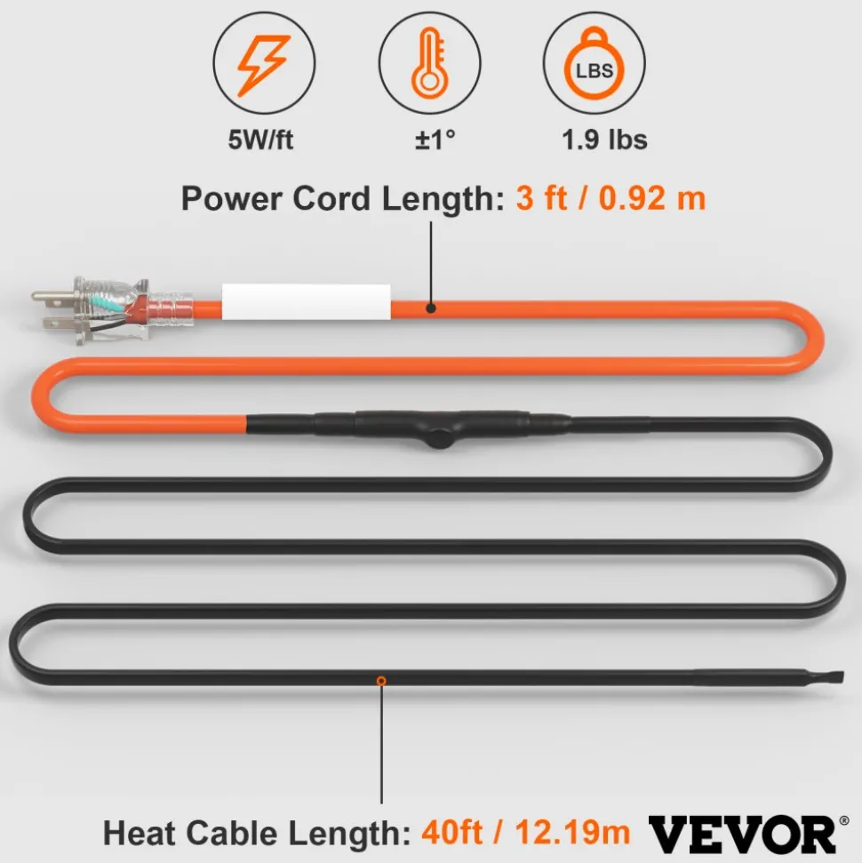 VEVOR Self-Regulating Pipe Heating Cable, 40FT 5W/FT Heat Tape for Pipes Freeze Protection, Water Pipe Heat Cable with Built-in Thermostat Protects PVC Hose, Metal and Plastic Pipe from Freezing