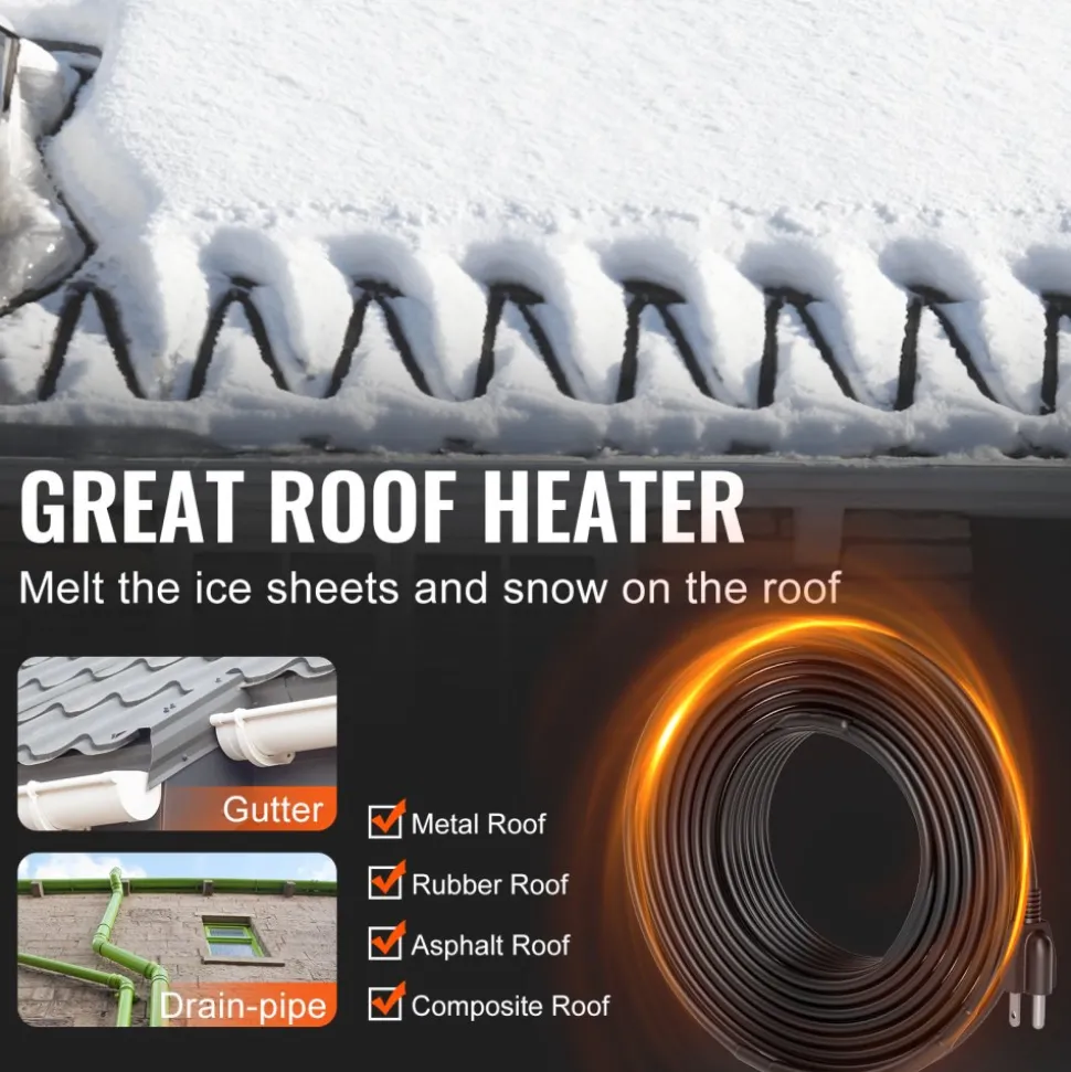 VEVOR Self-Regulating Pipe Heating Cable, 30FT 5W/FT Heat Tape for Pipes, Roof Snow Melting De-icing, Gutter and Pipe Freeze Protection