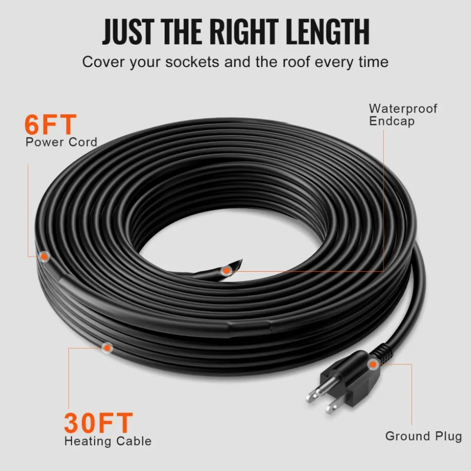 VEVOR Self-Regulating Pipe Heating Cable, 30FT 5W/FT Heat Tape for Pipes, Roof Snow Melting De-icing, Gutter and Pipe Freeze Protection