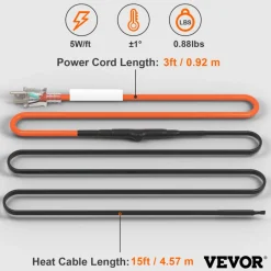 VEVOR Self-Regulating Pipe Heating Cable, 15FT 5W/FT Heat Tape for Pipes Freeze Protection, Water Pipe Heat Cable with Built-in Thermostat Protects PVC Hose, Metal and Plastic Pipe from Freezing
