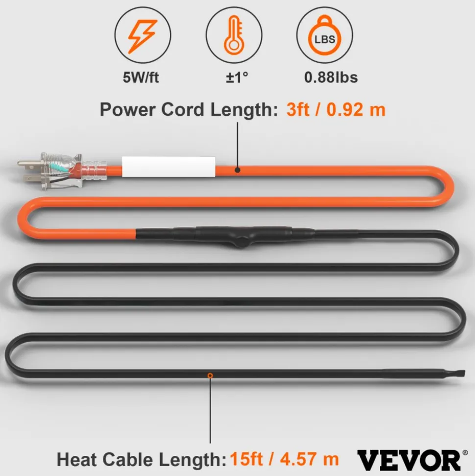 VEVOR Self-Regulating Pipe Heating Cable, 15FT 5W/FT Heat Tape for Pipes Freeze Protection, Water Pipe Heat Cable with Built-in Thermostat Protects PVC Hose, Metal and Plastic Pipe from Freezing