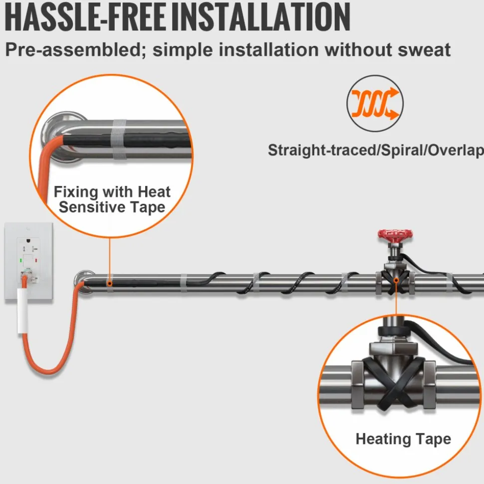 VEVOR Self-Regulating Pipe Heating Cable, 15FT 5W/FT Heat Tape for Pipes Freeze Protection, Water Pipe Heat Cable with Built-in Thermostat Protects PVC Hose, Metal and Plastic Pipe from Freezing