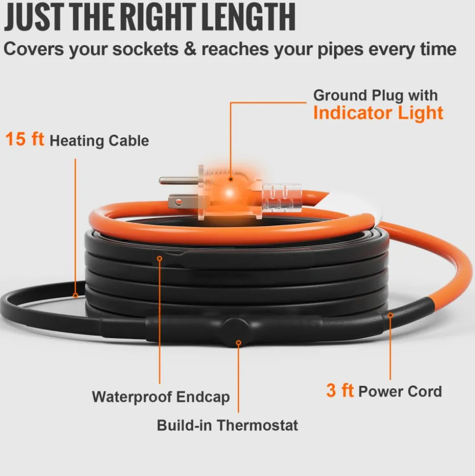 VEVOR Self-Regulating Pipe Heating Cable, 15FT 5W/FT Heat Tape for Pipes Freeze Protection, Water Pipe Heat Cable with Built-in Thermostat Protects PVC Hose, Metal and Plastic Pipe from Freezing