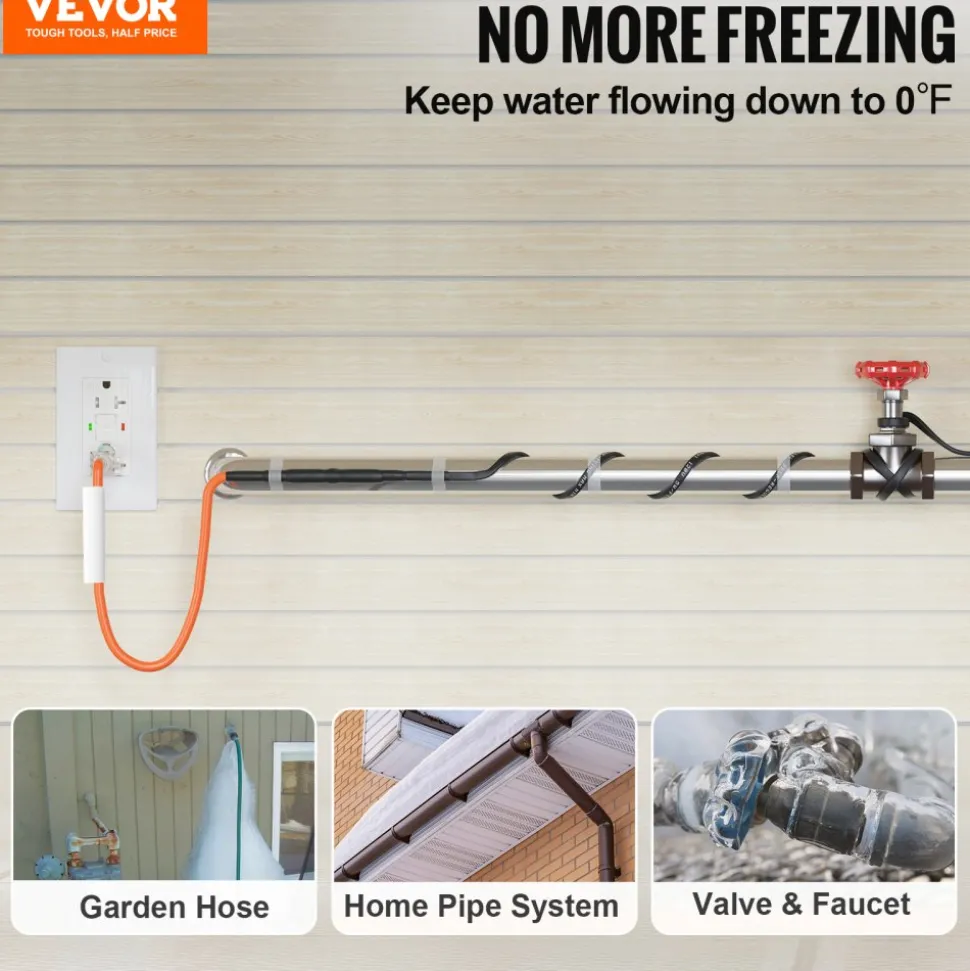 VEVOR Self-Regulating Pipe Heating Cable, 15FT 5W/FT Heat Tape for Pipes Freeze Protection, Water Pipe Heat Cable with Built-in Thermostat Protects PVC Hose, Metal and Plastic Pipe from Freezing