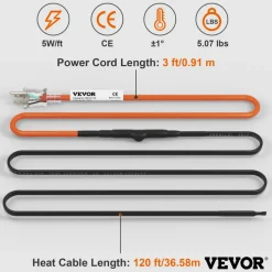 VEVOR Self-Regulating Pipe Heating Cable, 120-feet 5W/ft Heat Tape for Pipes Freeze Protection, Protects PVC Hose, Metal and Plastic Pipe from Freezing, 120V
