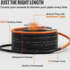 VEVOR Self-Regulating Pipe Heating Cable, 120-feet 5W/ft Heat Tape for Pipes Freeze Protection, Protects PVC Hose, Metal and Plastic Pipe from Freezing, 120V