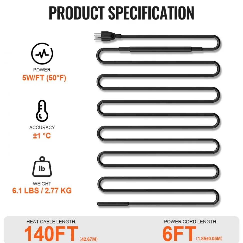 VEVOR Self-Regulating Pipe Heating Cable, 140FT 5W/FT Heat Tape for Pipes, Roof Snow Melting De-icing, Gutter and Pipe Freeze Protection