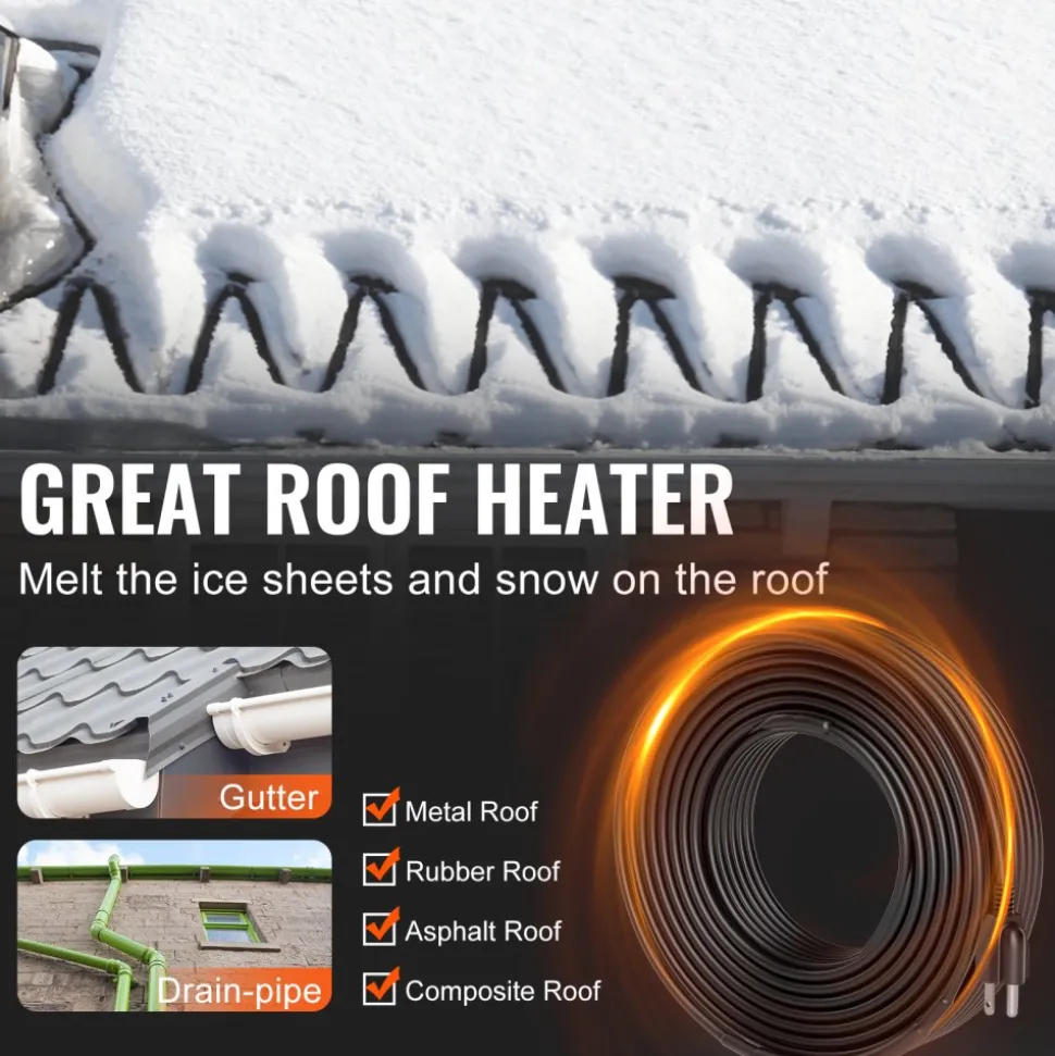 VEVOR Self-Regulating Pipe Heating Cable, 140FT 5W/FT Heat Tape for Pipes, Roof Snow Melting De-icing, Gutter and Pipe Freeze Protection