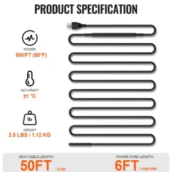 VEVOR Self-Regulating Pipe Heating Cable, 50FT 5W/FT Heat Tape for Pipes, Roof Snow Melting De-icing, Gutter and Pipe Freeze Protection