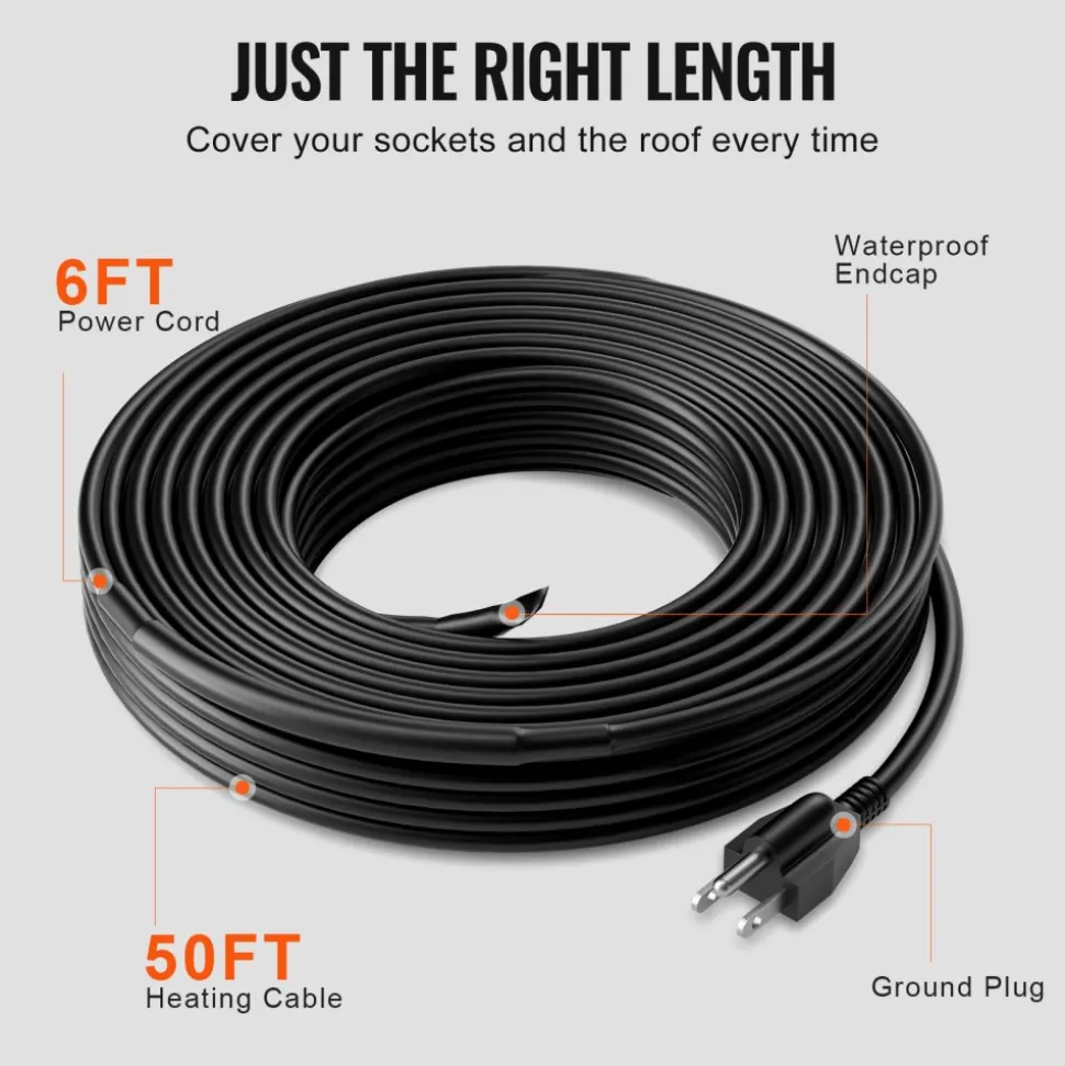VEVOR Self-Regulating Pipe Heating Cable, 50FT 5W/FT Heat Tape for Pipes, Roof Snow Melting De-icing, Gutter and Pipe Freeze Protection