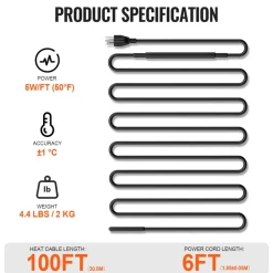 VEVOR Self-Regulating Pipe Heating Cable, 100FT 5W/FT Heat Tape for Pipes, Roof Snow Melting De-icing, Gutter and Pipe Freeze Protection