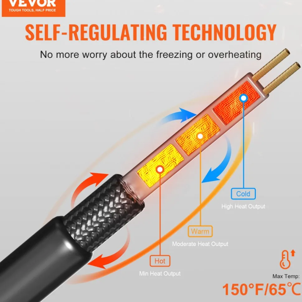 VEVOR Self-Regulating Pipe Heating Cable, 100FT 5W/FT Heat Tape for Pipes, Roof Snow Melting De-icing, Gutter and Pipe Freeze Protection