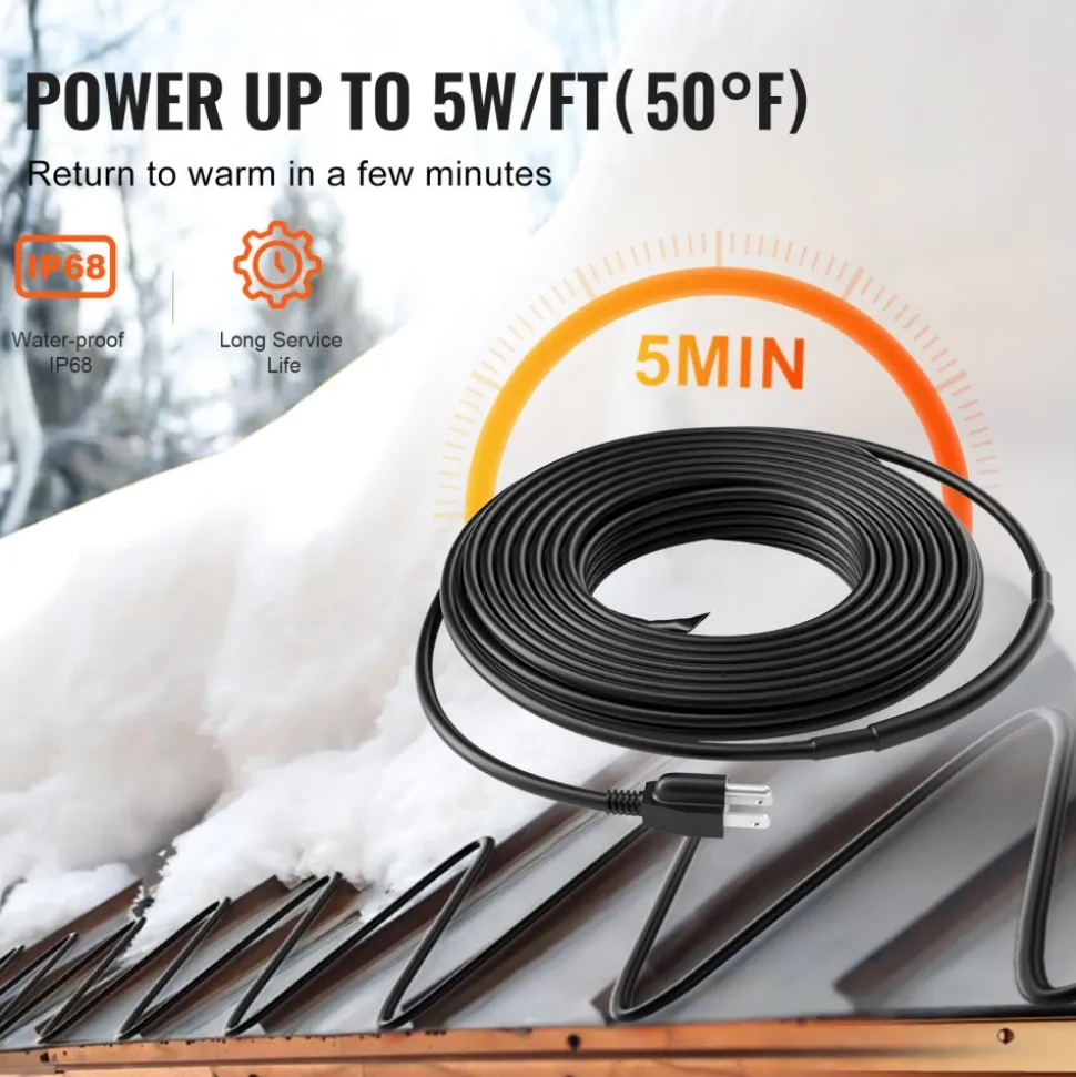 VEVOR Self-Regulating Pipe Heating Cable, 12FT 5W/FT Heat Tape for Pipes, Roof Snow Melting De-icing, Gutter and Pipe Freeze Protection
