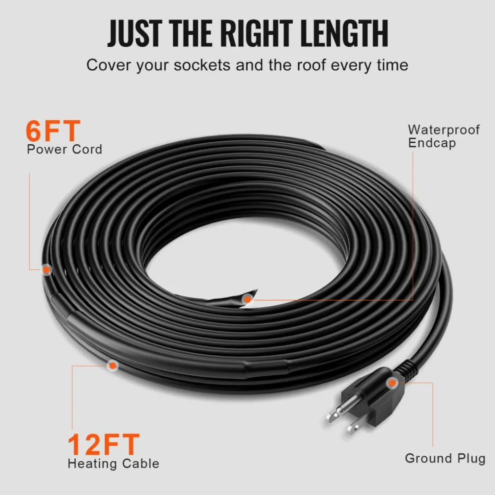 VEVOR Self-Regulating Pipe Heating Cable, 12FT 5W/FT Heat Tape for Pipes, Roof Snow Melting De-icing, Gutter and Pipe Freeze Protection