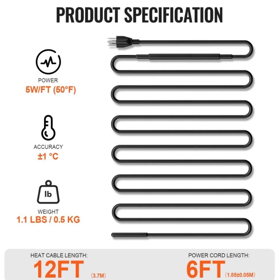 VEVOR Self-Regulating Pipe Heating Cable, 12FT 5W/FT Heat Tape for Pipes, Roof Snow Melting De-icing, Gutter and Pipe Freeze Protection
