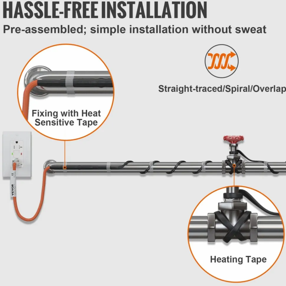 VEVOR Self-Regulating Pipe Heating Cable, 18-feet 5W/ft Heat Tape for Pipes Freeze Protection, Protects PVC Hose, Metal and Plastic Pipe from Freezing, 120V