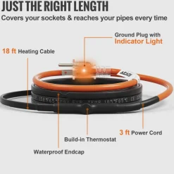 VEVOR Self-Regulating Pipe Heating Cable, 18-feet 5W/ft Heat Tape for Pipes Freeze Protection, Protects PVC Hose, Metal and Plastic Pipe from Freezing, 120V