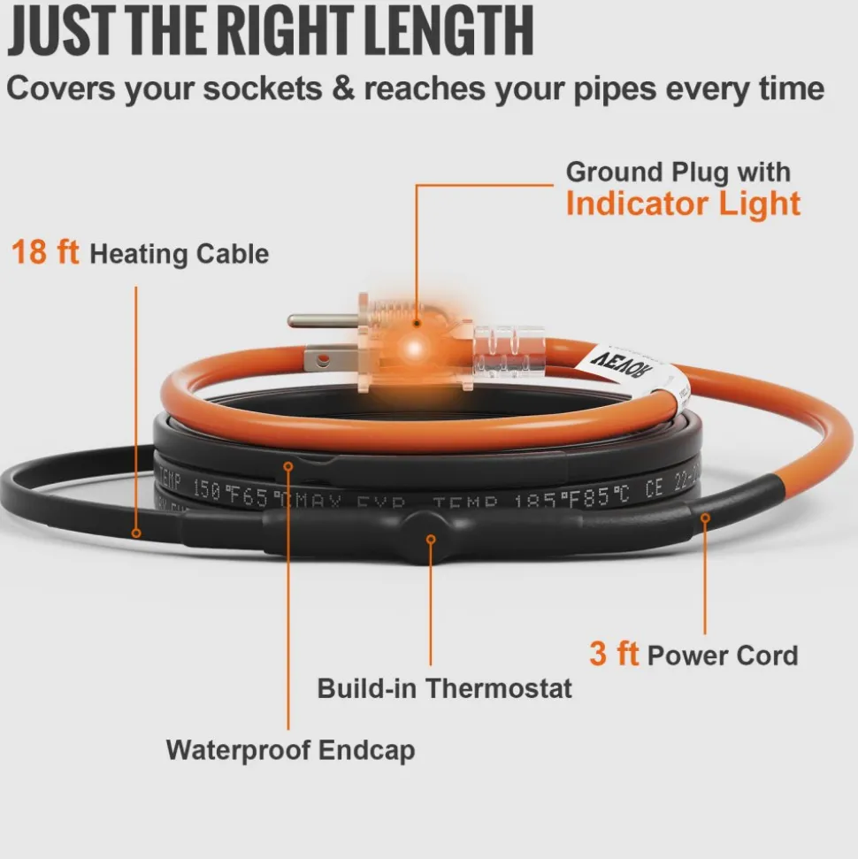 VEVOR Self-Regulating Pipe Heating Cable, 18-feet 5W/ft Heat Tape for Pipes Freeze Protection, Protects PVC Hose, Metal and Plastic Pipe from Freezing, 120V