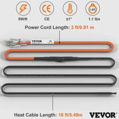 VEVOR Self-Regulating Pipe Heating Cable, 18-feet 5W/ft Heat Tape for Pipes Freeze Protection, Protects PVC Hose, Metal and Plastic Pipe from Freezing, 120V