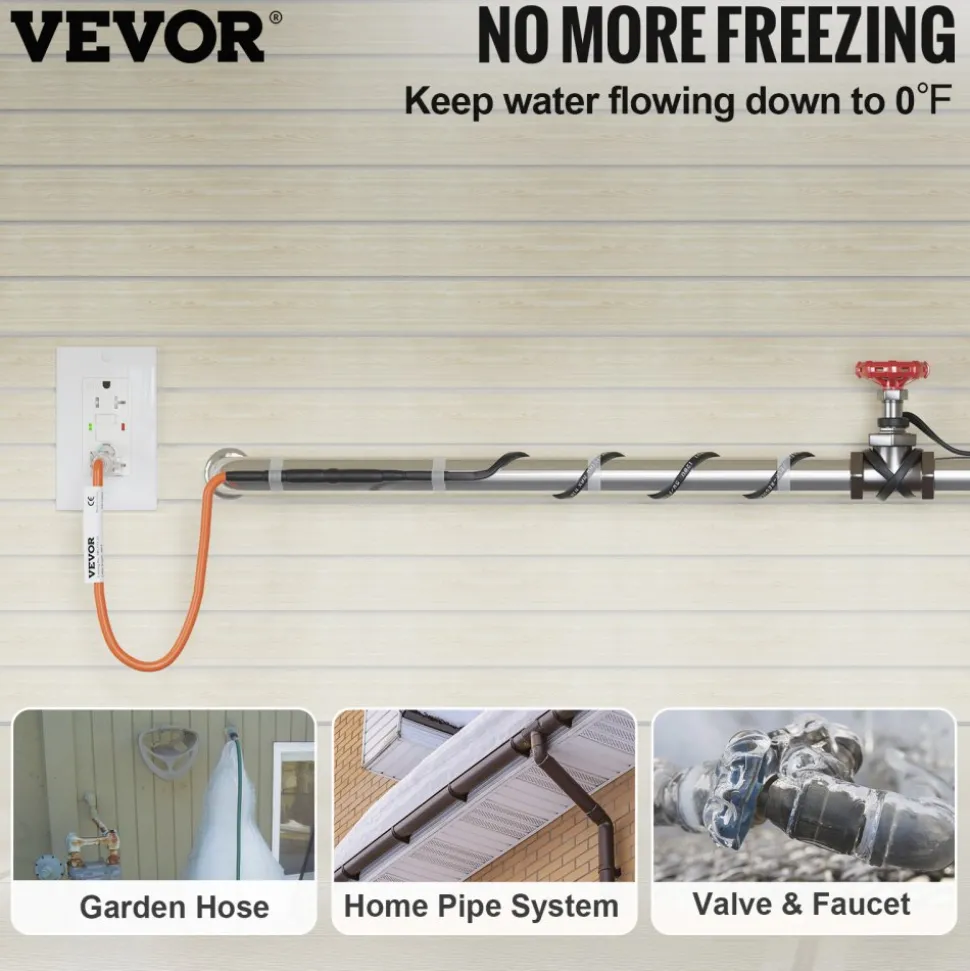 VEVOR Self-Regulating Pipe Heating Cable, 18-feet 5W/ft Heat Tape for Pipes Freeze Protection, Protects PVC Hose, Metal and Plastic Pipe from Freezing, 120V