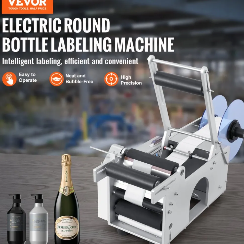 VEVOR Semi-Automatic Round Labeling Machine, 20-50pcs/min, Electric Bottle Label Applicator for Round Bottles, Round Bottle Labeler Suitable for Bottle Diameter 0.78-4.72 inches (with Pressing Bar)