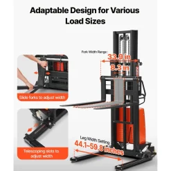 VEVOR Semi Electric Pallet Stacker, 3300 lbs Load Capacity, Pallet Lift Stacker Forklift with Straddle Legs, 96.06 Inches Lifting Height & 8.3-33.86 Inches Adjustable Fork Width, Orange & Black