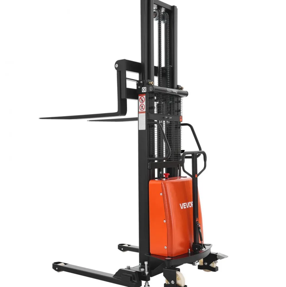 VEVOR Semi Electric Pallet Stacker, 3300 lbs Load Capacity, Pallet Lift Stacker Forklift with Straddle Legs, 96.06 Inches Lifting Height & 8.3-33.86 Inches Adjustable Fork Width, Orange & Black
