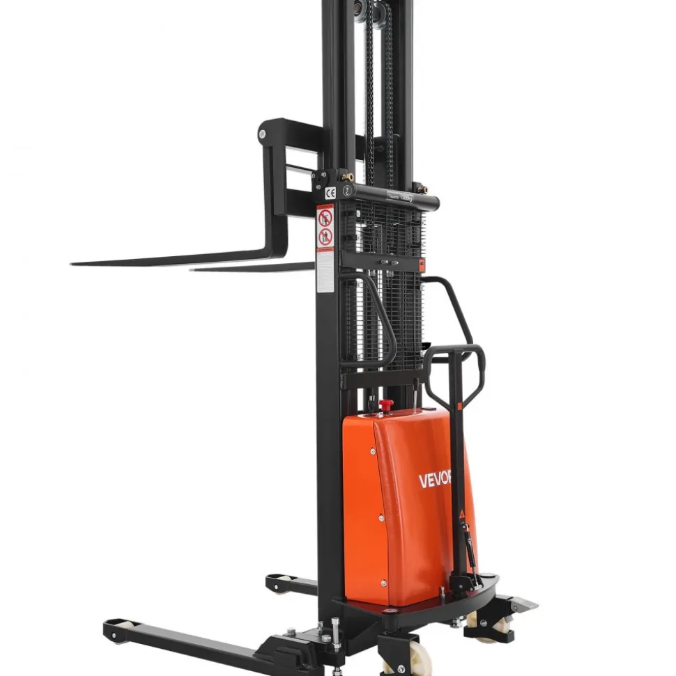 VEVOR Semi Electric Pallet Stacker, 3300 lbs Load Capacity, Pallet Lift Stacker Forklift with Straddle Legs, 96.06 Inches Lifting Height & 8.3-33.86 Inches Adjustable Fork Width, Orange & Black