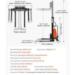 VEVOR Semi Electric Pallet Stacker, 3300 lbs Load Capacity, Pallet Lift Stacker Forklift with Straddle Legs, 96.06 Inches Lifting Height & 8.3-33.86 Inches Adjustable Fork Width, Orange & Black