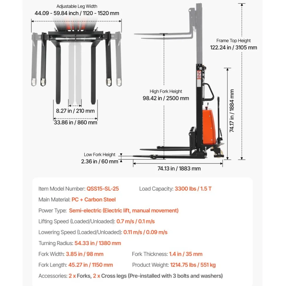 VEVOR Semi Electric Pallet Stacker, 3300 lbs Load Capacity, Pallet Lift Stacker Forklift with Straddle Legs, 96.06 Inches Lifting Height & 8.3-33.86 Inches Adjustable Fork Width, Orange & Black