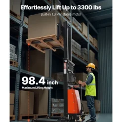VEVOR Semi Electric Pallet Stacker, 3300 lbs Load Capacity, Pallet Lift Stacker Forklift with Straddle Legs, 96.06 Inches Lifting Height & 8.3-33.86 Inches Adjustable Fork Width, Orange & Black