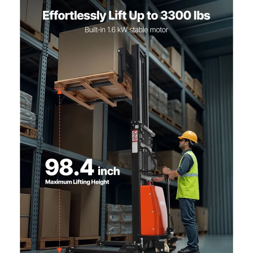 VEVOR Semi Electric Pallet Stacker, 3300 lbs Load Capacity, Pallet Lift Stacker Forklift with Straddle Legs, 96.06 Inches Lifting Height & 8.3-33.86 Inches Adjustable Fork Width, Orange & Black