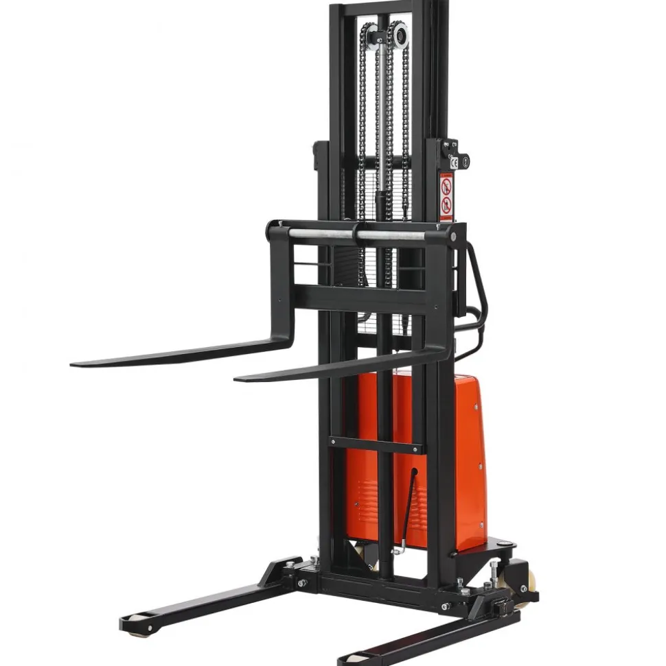 VEVOR Semi Electric Pallet Stacker, 3300 lbs Load Capacity, Pallet Lift Stacker Forklift with Straddle Legs, 96.06 Inches Lifting Height & 8.3-33.86 Inches Adjustable Fork Width, Orange & Black