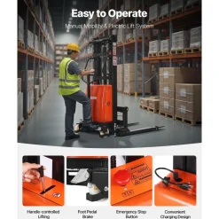 VEVOR Semi Electric Pallet Stacker, 3300 lbs Load Capacity, Pallet Lift Stacker Forklift with Straddle Legs, 96.06 Inches Lifting Height & 8.3-33.86 Inches Adjustable Fork Width, Orange & Black