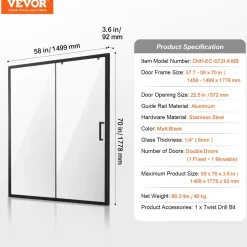 VEVOR Semi-frameless Shower Door, 57.7-59 W x 70 H in, Shower Sliding Glass Door with 1/4 in(6mm) Clear Tempered Glass, Waterproof Shatterproof Stainproof with Stainless Steel Hardware, Matte Black