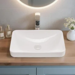 VEVOR Semi Recessed Bathroom Sink, 19.29 x 12.01 Inch Rectangular White Ceramic Vessel Sink with 1-3/4 Inch Drain Hole, Drop in Modern Lavatory Vanity Bath Wash Bowl Basin, Rectangle for Small Space