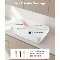 VEVOR Semi Recessed Bathroom Sink, 19.29 x 12.01 Inch Rectangular White Ceramic Vessel Sink with 1-3/4 Inch Drain Hole, Drop in Modern Lavatory Vanity Bath Wash Bowl Basin, Rectangle for Small Space