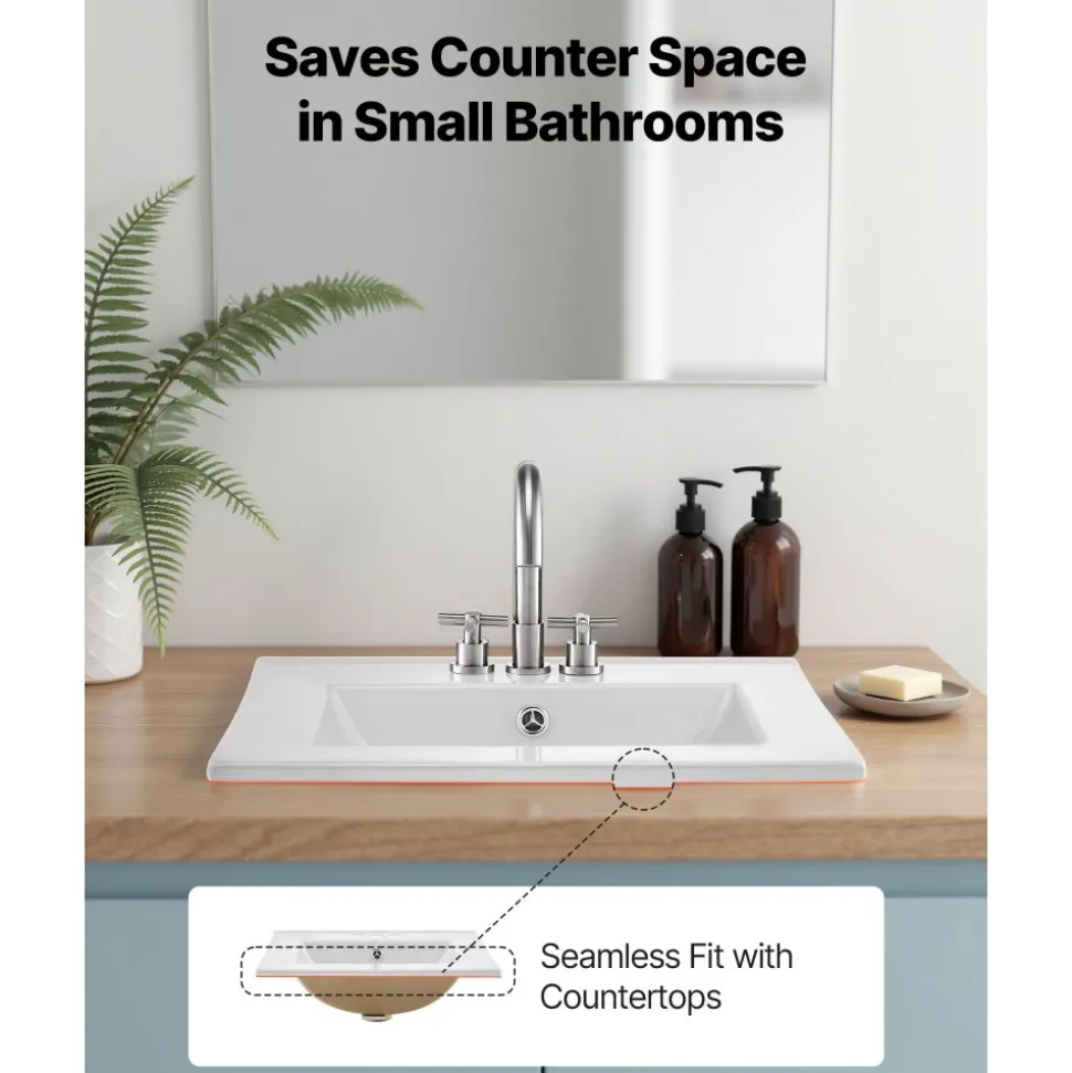 VEVOR Semi Recessed Bathroom Sink, 20.08 x 18.31 Inch Rectangular White Ceramic Vessel Sink with Overflow and 3 Faucet Holes, Drop in Modern Lavatory Vanity Bath Wash Bowl Basin Rectangle Small Space