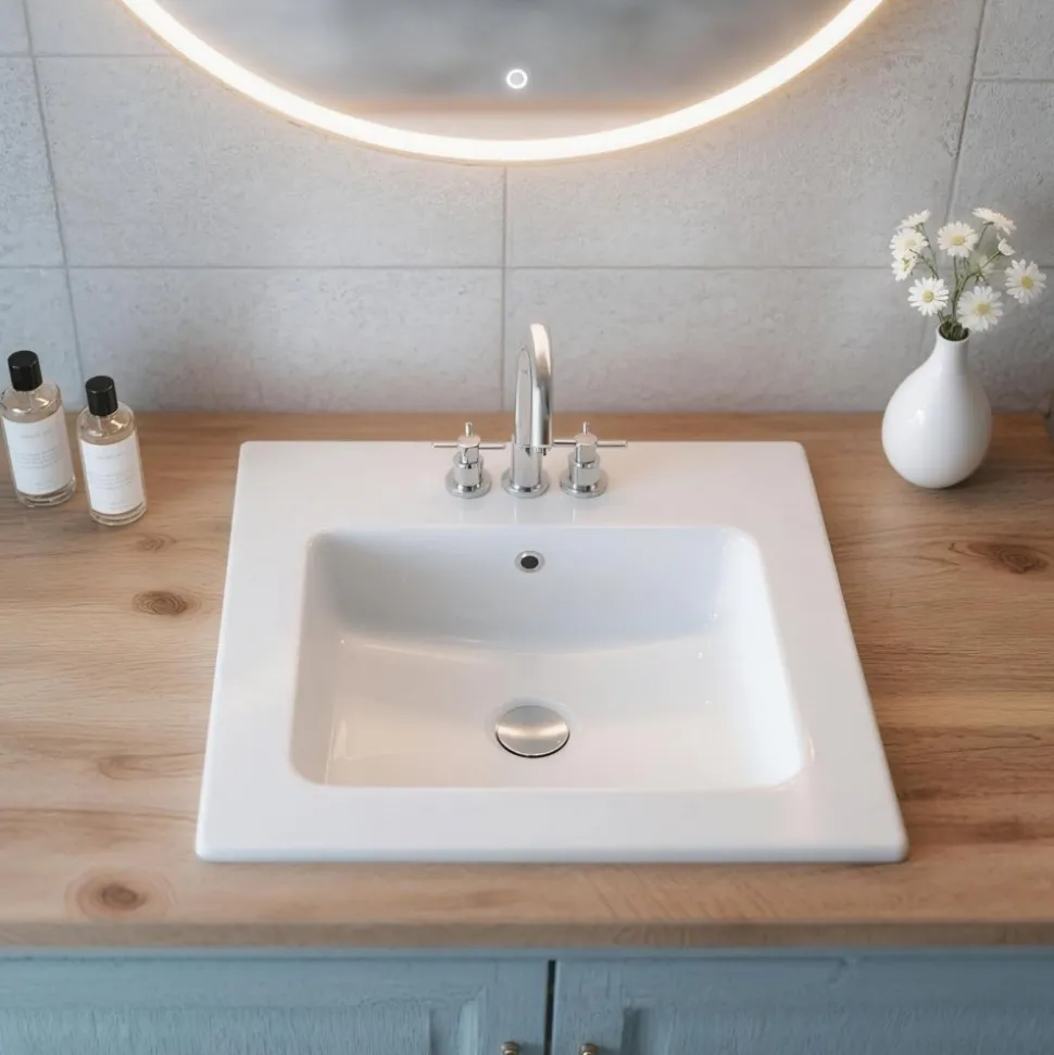 VEVOR Semi Recessed Bathroom Sink, 20.08 x 18.31 Inch Rectangular White Ceramic Vessel Sink with Overflow and 3 Faucet Holes, Drop in Modern Lavatory Vanity Bath Wash Bowl Basin Rectangle Small Space