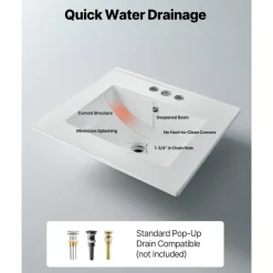 VEVOR Semi Recessed Bathroom Sink, 20.08 x 18.31 Inch Rectangular White Ceramic Vessel Sink with Overflow and 3 Faucet Holes, Drop in Modern Lavatory Vanity Bath Wash Bowl Basin Rectangle Small Space