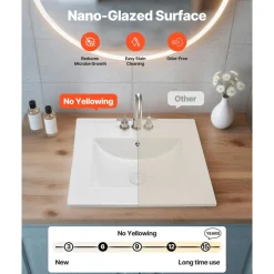VEVOR Semi Recessed Bathroom Sink, 20.08 x 18.31 Inch Rectangular White Ceramic Vessel Sink with Overflow and 3 Faucet Holes, Drop in Modern Lavatory Vanity Bath Wash Bowl Basin Rectangle Small Space