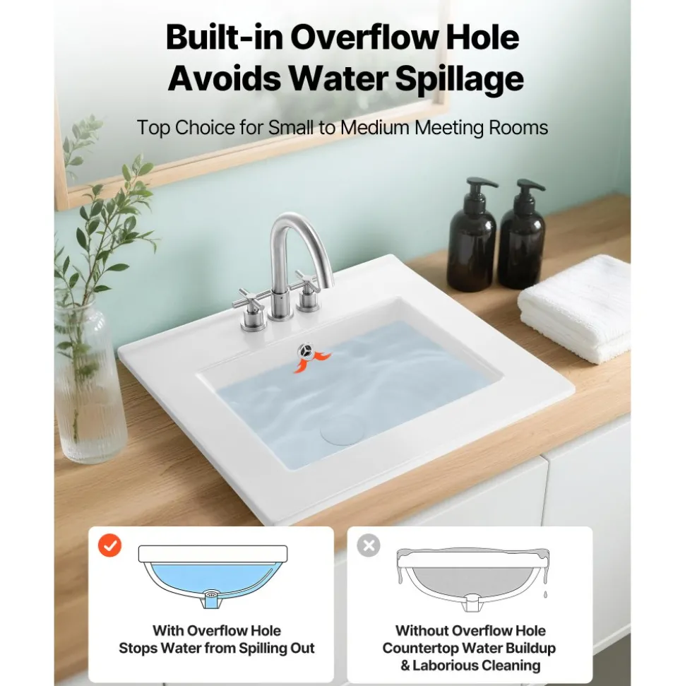 VEVOR Semi Recessed Bathroom Sink, 20.08 x 18.31 Inch Rectangular White Ceramic Vessel Sink with Overflow and 3 Faucet Holes, Drop in Modern Lavatory Vanity Bath Wash Bowl Basin Rectangle Small Space