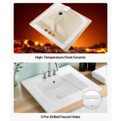 VEVOR Semi Recessed Bathroom Sink, 20.08 x 18.31 Inch Rectangular White Ceramic Vessel Sink with Overflow and 3 Faucet Holes, Drop in Modern Lavatory Vanity Bath Wash Bowl Basin Rectangle Small Space