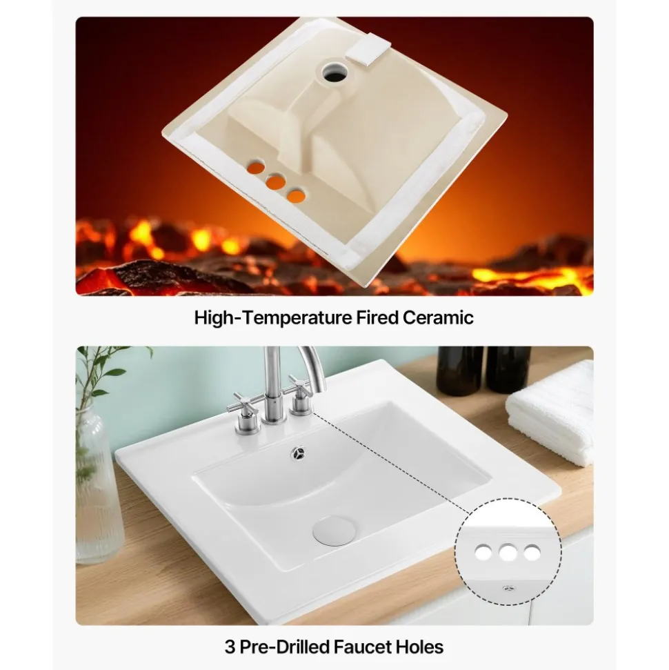 VEVOR Semi Recessed Bathroom Sink, 20.08 x 18.31 Inch Rectangular White Ceramic Vessel Sink with Overflow and 3 Faucet Holes, Drop in Modern Lavatory Vanity Bath Wash Bowl Basin Rectangle Small Space