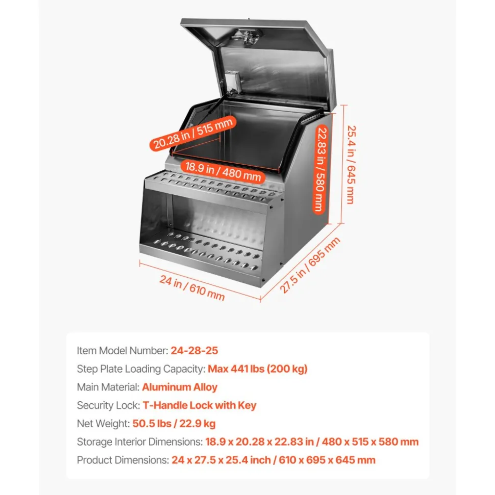 VEVOR Semi-Truck Step Tool Box, 24" x 27.5" x 25.4" Heavy Duty Aluminum Toolbox Side Mount, Waterproof Side Storage Saddle Step Box with T-Handle Lock & Keys for Semi Trucks, Flatbed Trailers