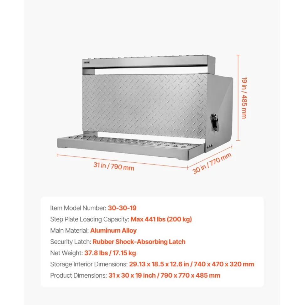 VEVOR Semi-Truck Step Tool Box, 31" x 30" x 19" Heavy Duty Aluminum Diamond Plate Toolbox, Waterproof Cab Entry Step Storage Box with Shock-Absorbing Latch for Flatbed, Crane, and Semi Trucks